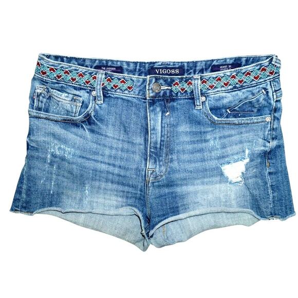 Vigoss “The Jagger” Embroidered Denim Shorts – Size W31 L2 – Tribal Waistband - Picture 1 of 4